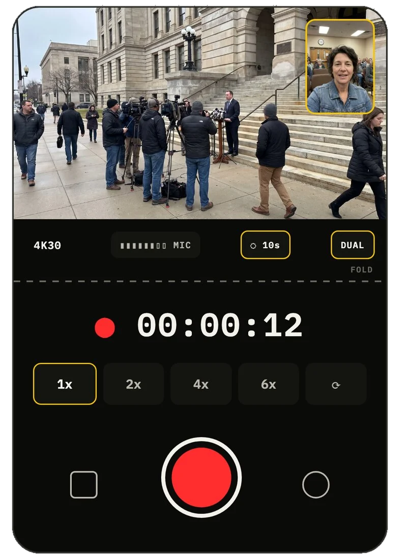 Sketch: the screen half open, the picture on top and a big clock, zoom and record button below