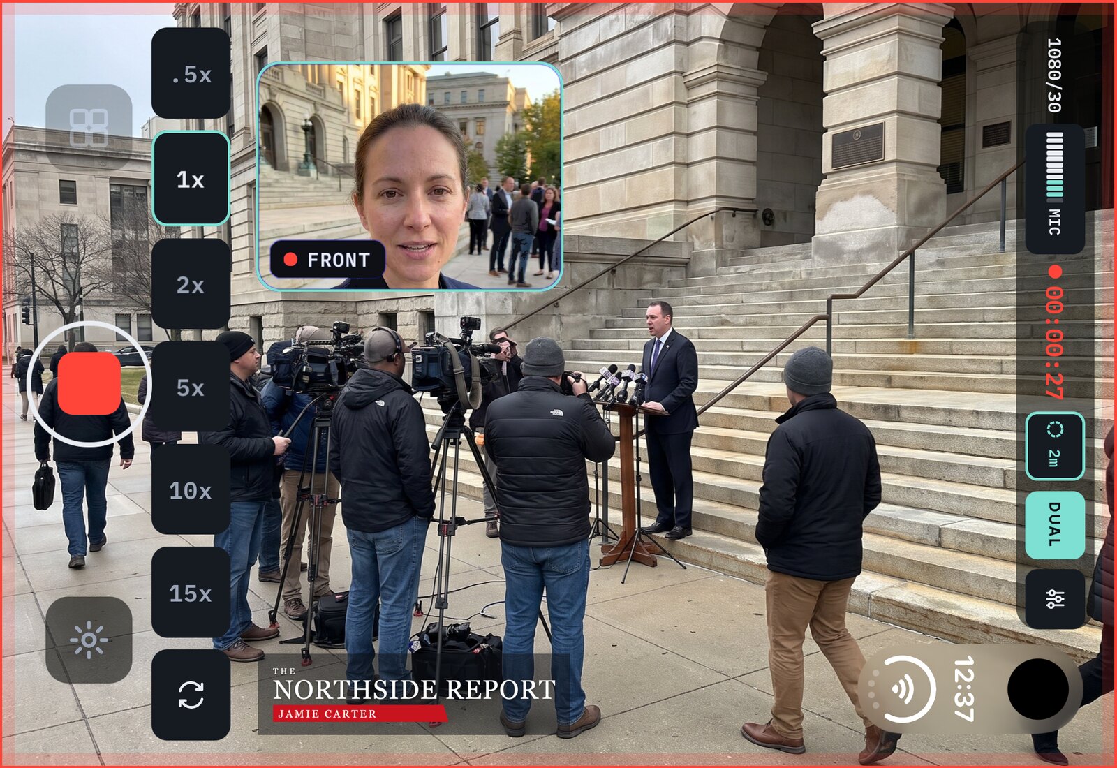 Doubleback recording with both cameras on the open iPhone Duo, the picture filling the whole screen