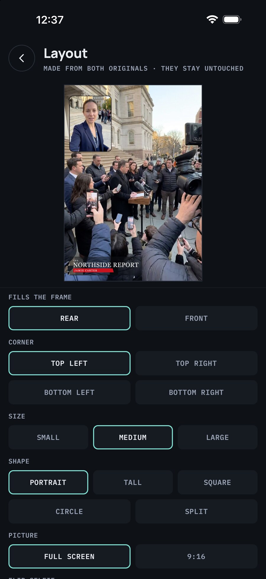 The Layout screen with the rear camera filling the frame, the front camera inset top left and the logo in the corner