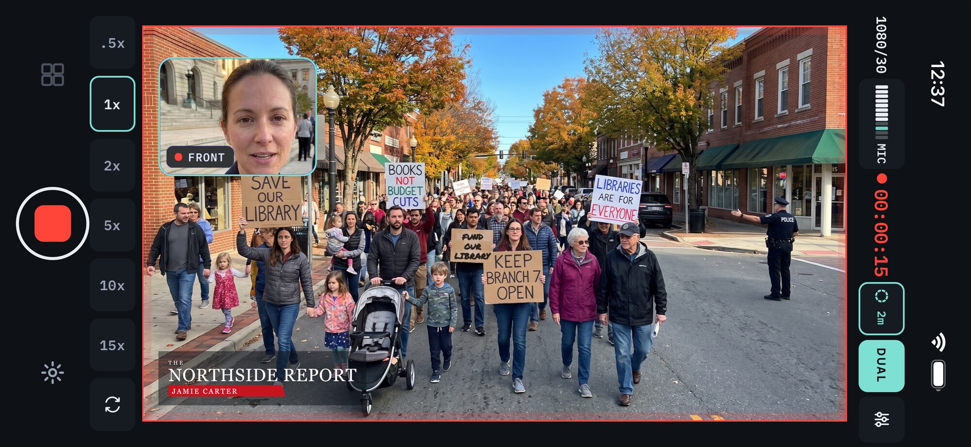 Doubleback on an iPhone held wide: a march filmed in 16 by 9, the reporter inset from the front camera and her logo in the corner