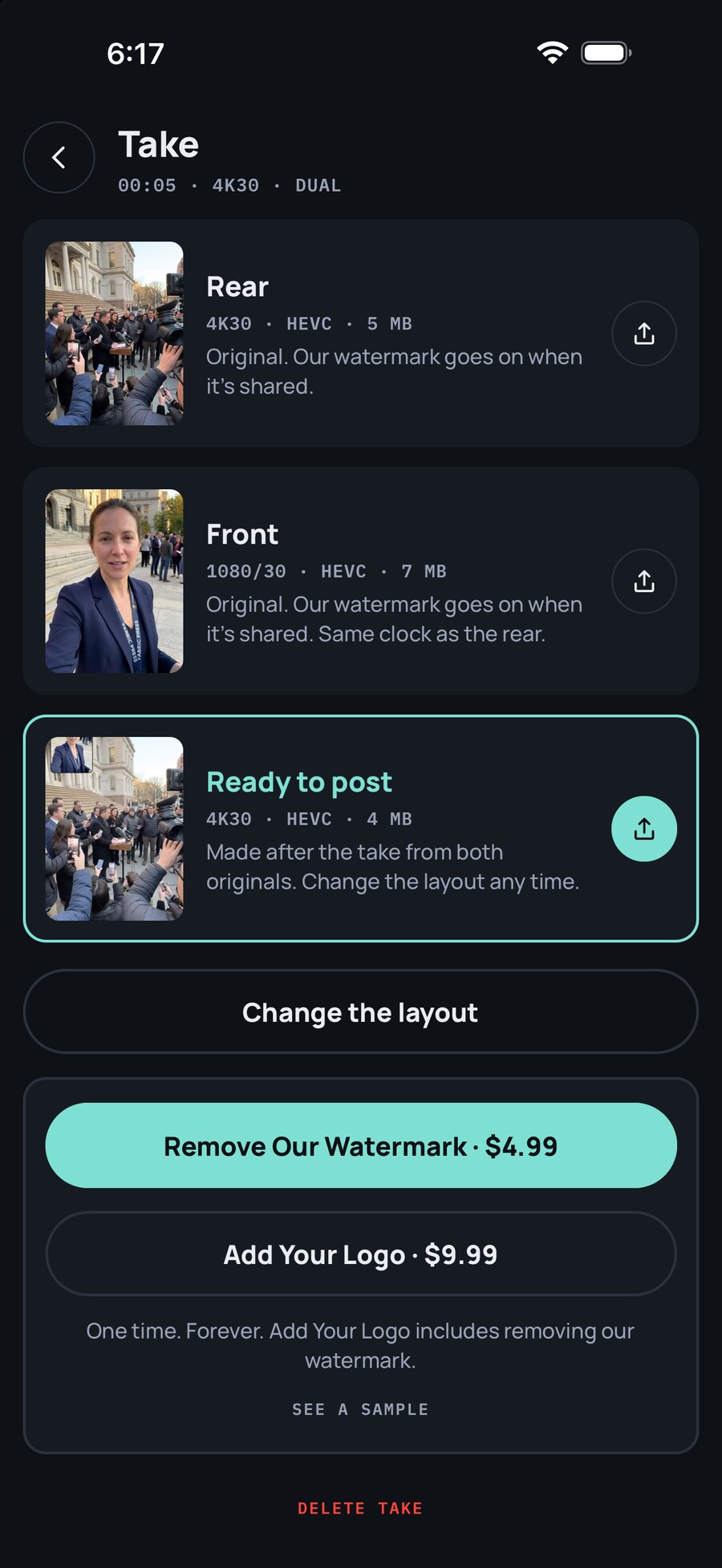 The Take screen with the rear file, the front file and the ready to post version